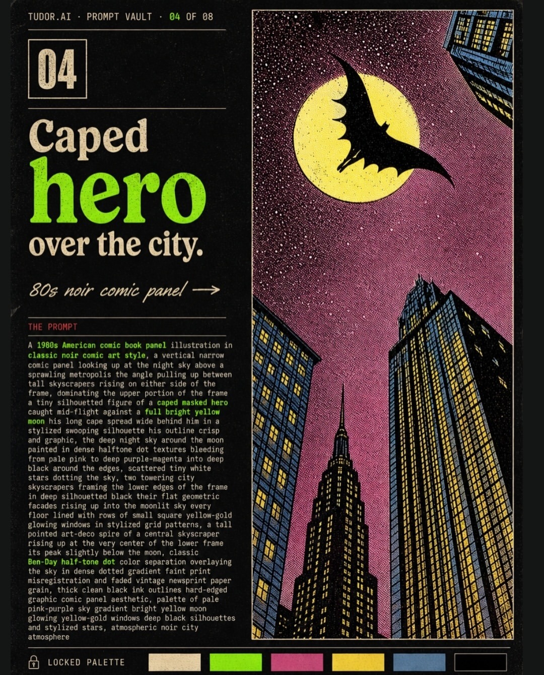 Caped hero noir comic city prompt slide