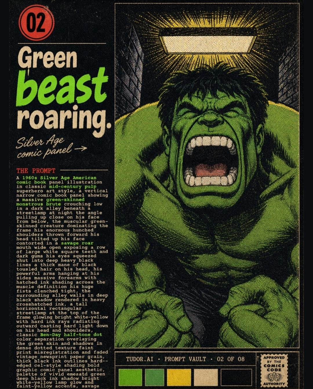 Green beast roaring vintage comic prompt slide