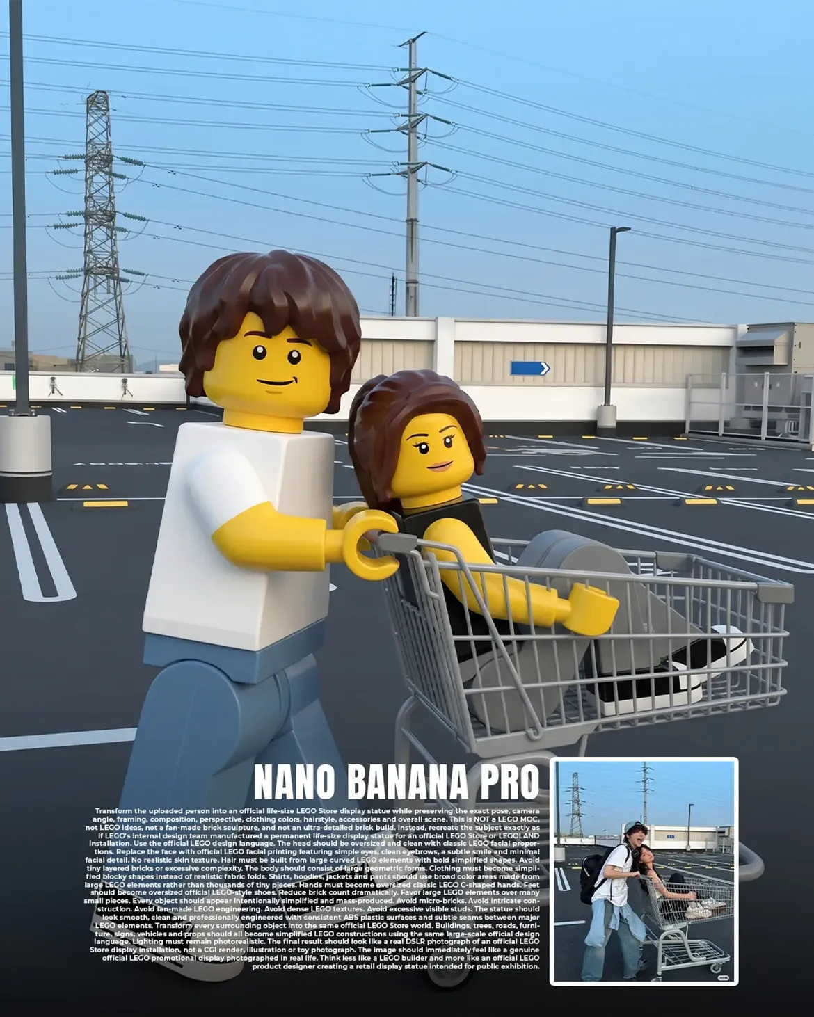 Life-size LEGO Store statue prompt slide